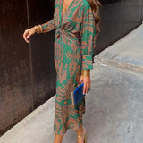 Robe Midi Femme avec Effet Enveloppant et Imprimé Feuille