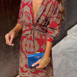 Robe Midi Femme avec Effet Enveloppant et Imprimé Feuille