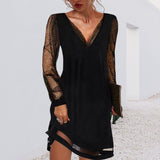 Robe de Soirée Femme avec Manches en Maille et Ourlet Asymétrique