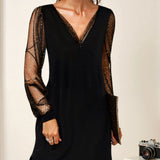 Robe de Soirée Femme avec Manches en Maille et Ourlet Asymétrique